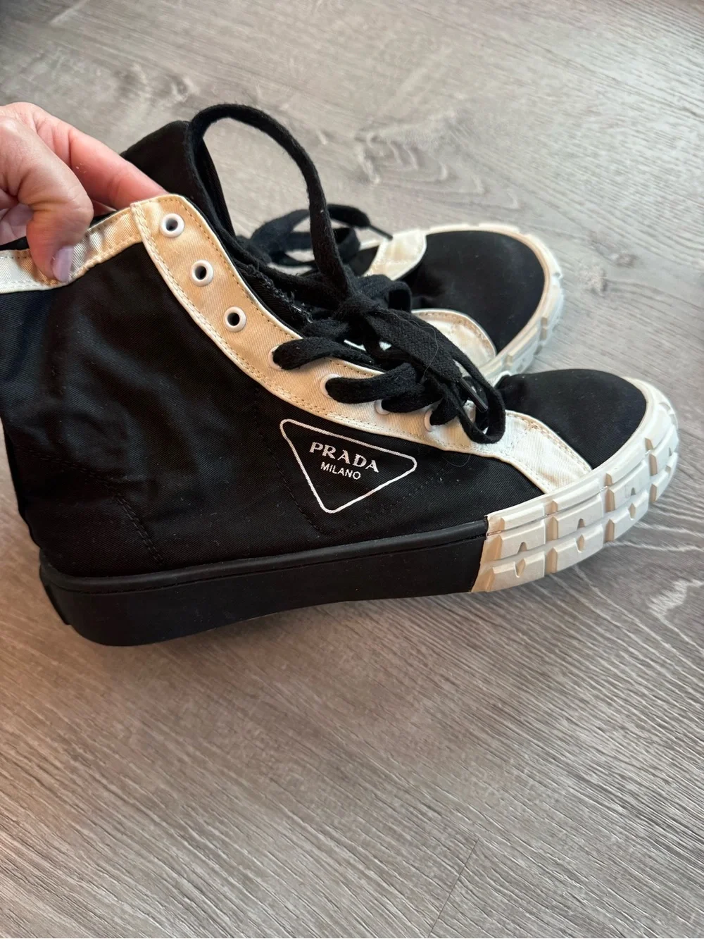 Prada Black Cloth High-Top Sneakers with White Trim